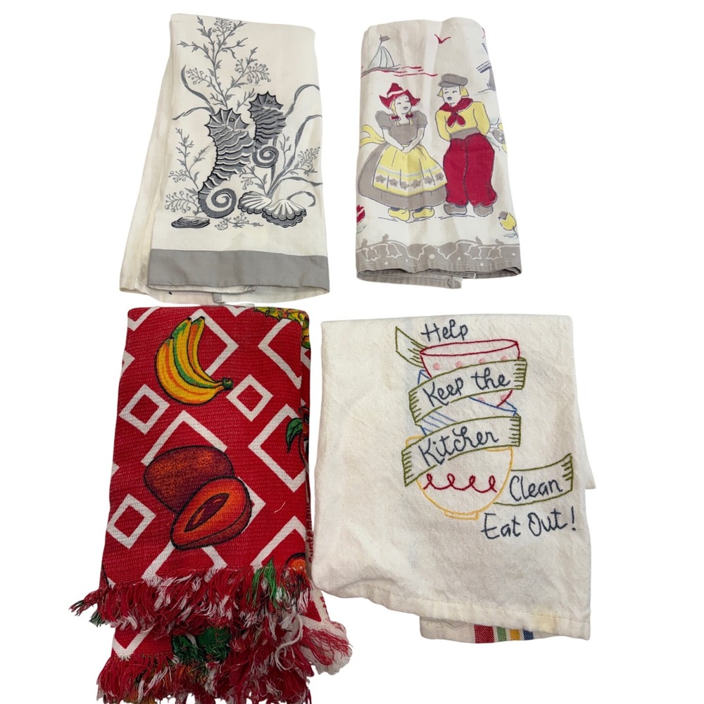 Vintage Kitchen Towel Lot of 4 Seahorse Dutch Fruit‎ Embroidered Cotton Linen